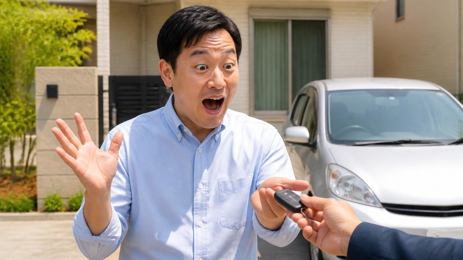 想定よりはるかに高かったという売った人の声、自宅前の駐車スペースで車の鍵を渡す男性1人が驚きと喜びの表情を見せる
