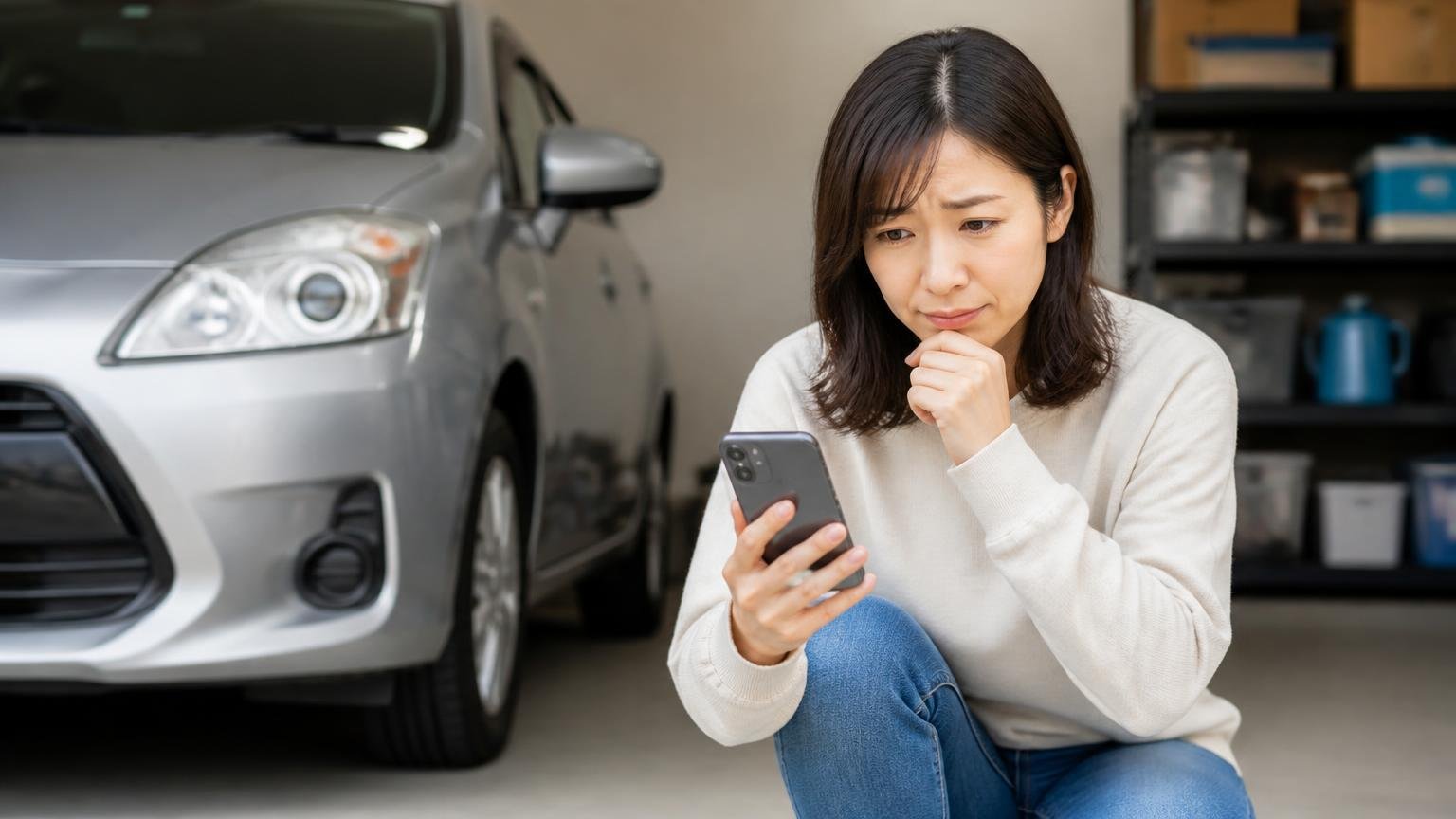 唯一の本文つき口コミが評価するのは金額ではない・車庫でスマホを見る女性1人が考え込む