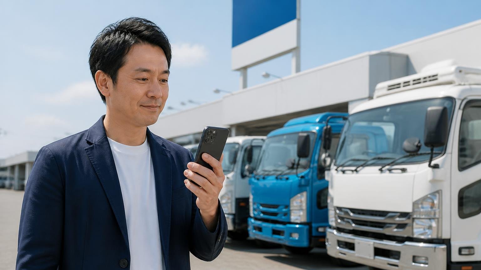 会社概要と法人番号で「実在する会社か」を確認する トラックが並ぶ展示場の前で男性1人がスマホの会社概要と看板を見比べてうなずく