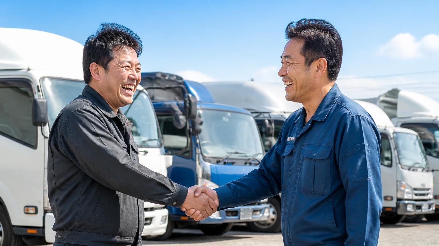 良い口コミ:短い一言でも「毎回」という言葉に注目 中古トラックが並ぶ展示場で握手する作業着の男性2人、満面の笑顔