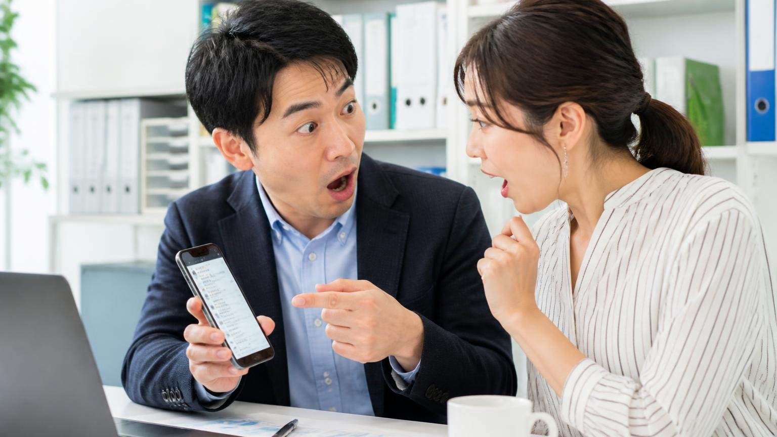 ★4.3は「売り先としての点数」ではない――誰の声かを分けて読む 事務所でスマホの口コミ画面を指さす男女2人が驚いて顔を見合わせる