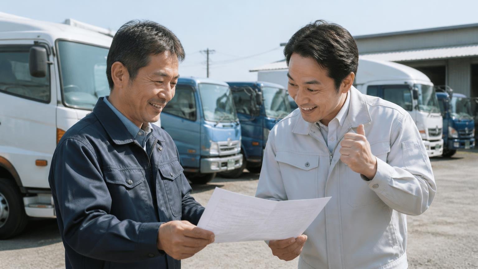 昭和50年設立、古物商許可と指定工場の番号を公開 トラックが並ぶ展示場の前で書類を確認する男性2人、大きくうなずく