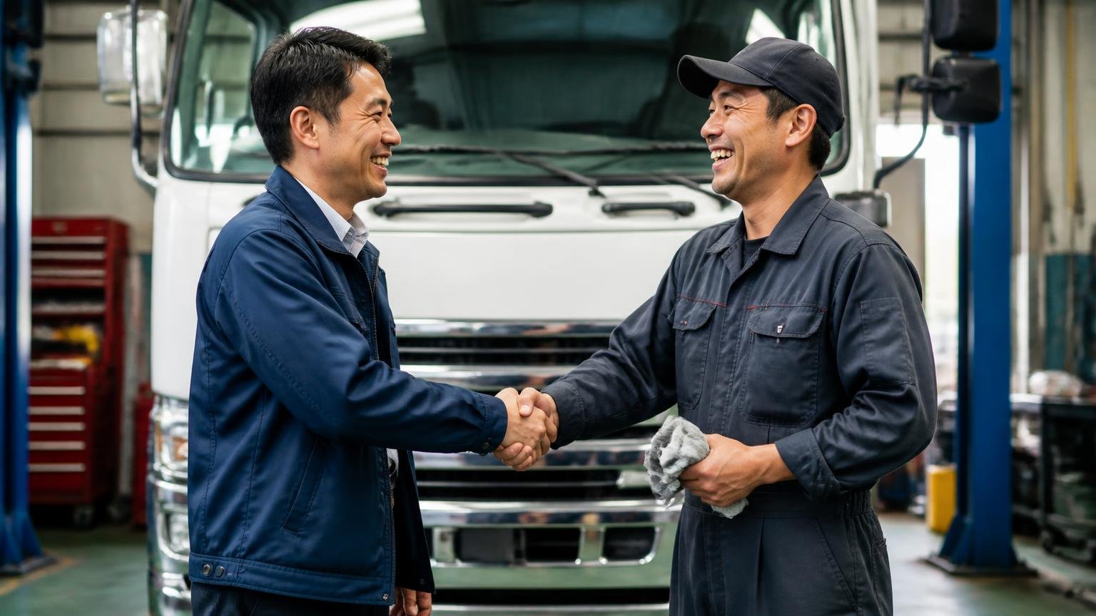 良い口コミ|購入後の対応と、トラックに強い整備工場 整備工場で整備士と握手して笑顔になる運送会社の男性、合わせて2人