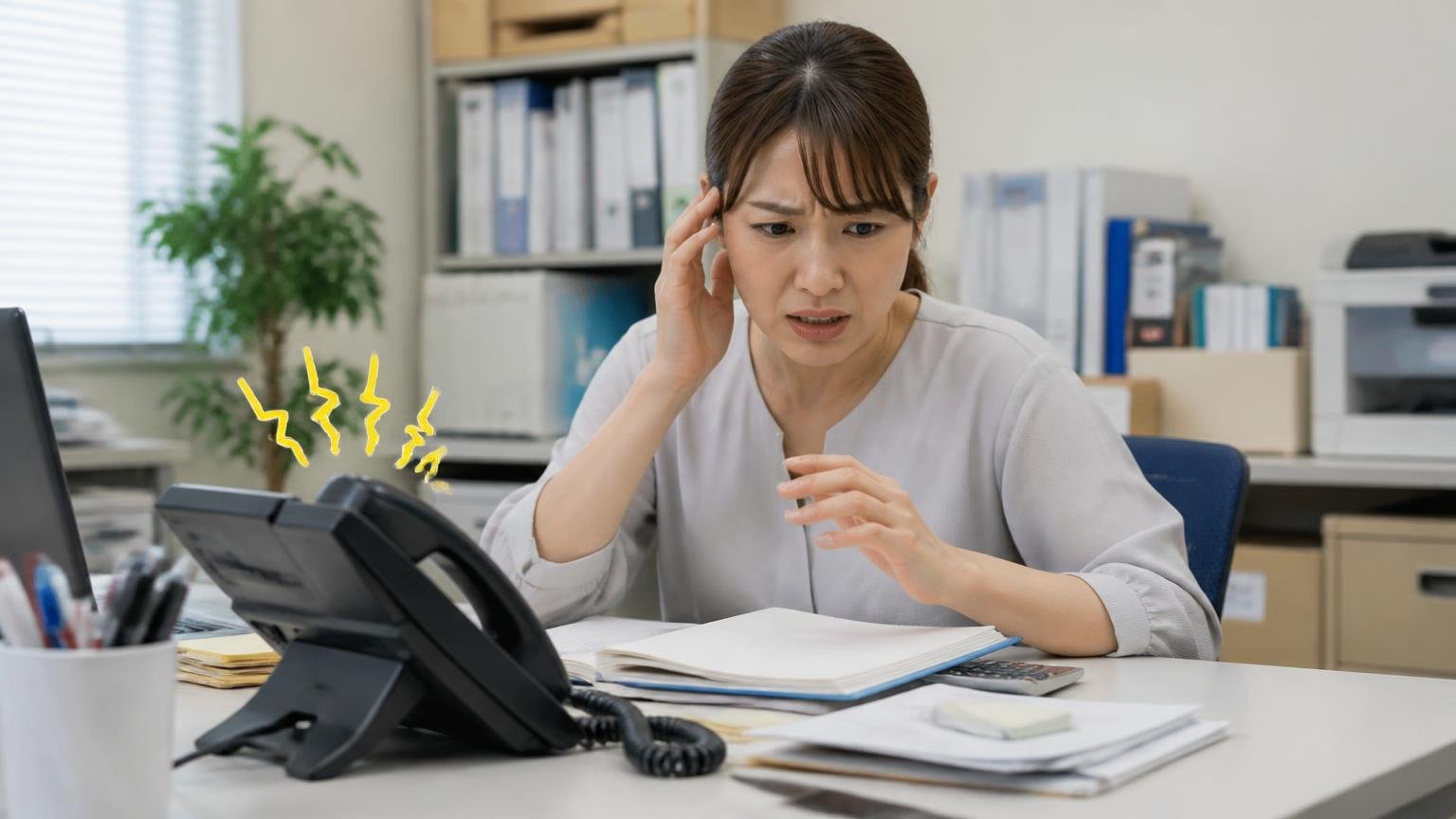 トラック買取業者の電話がしつこいは業界共通の悩み 事務所の机 女性1人 鳴る電話に手を止め困り顔