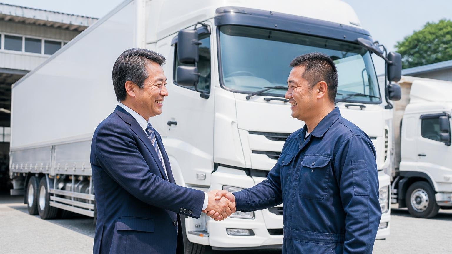 向いている人|トレーラや大型車を関東で売りたい人。運送会社の車庫でトレーラの前に立つ社長とスタッフの2人が握手する
