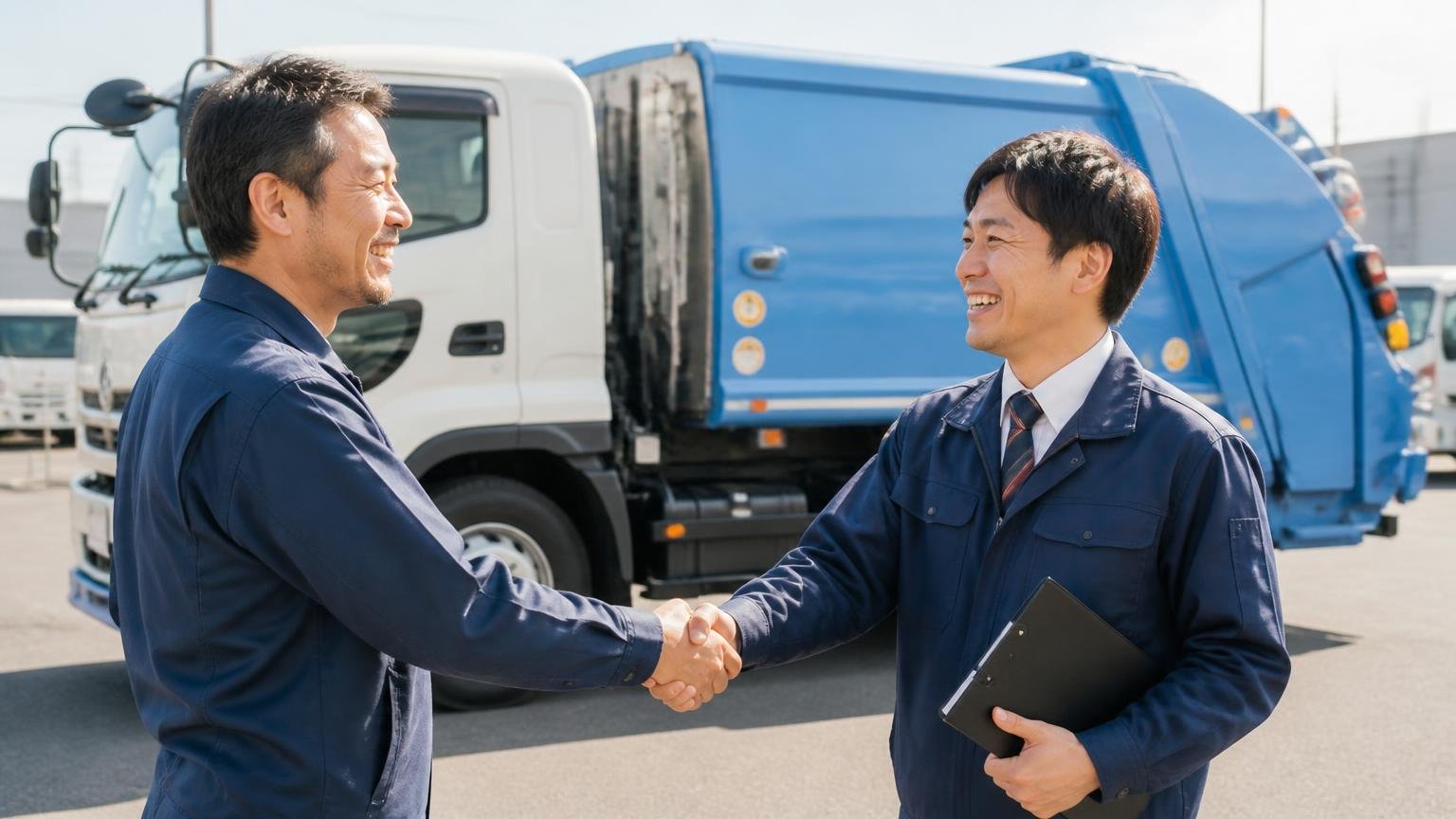 向いている人|特装車を手放す人・関東圏で持ち込める人 展示場に塵芥車を持ち込んだ男性1人が、査定スタッフ1人と笑顔で握手している