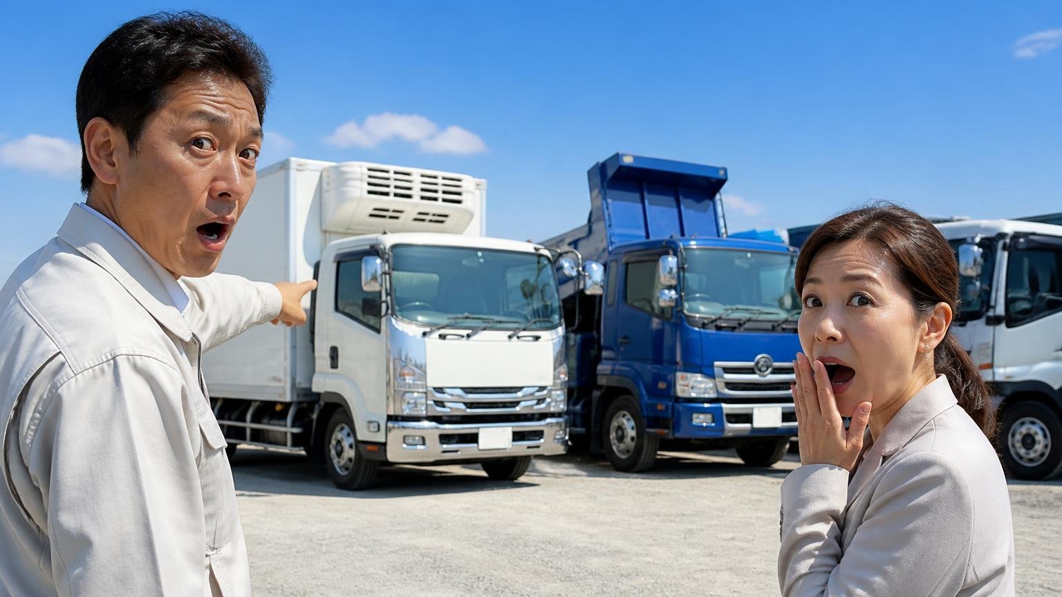 形状29種類・47都道府県から選べるが出張査定の範囲は別、冷凍車やダンプが並ぶ屋外の車両置き場で車体を指さす男女2人、驚く