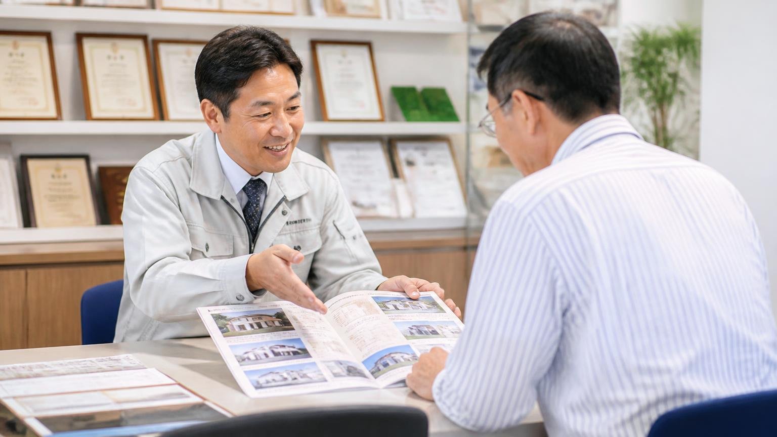 会社概要｜創業1952年・2024年に株式会社化・社員22人・許可7種・加盟6団体。販売店の事務所でパンフレットを広げて説明する男性スタッフ1人と客1人