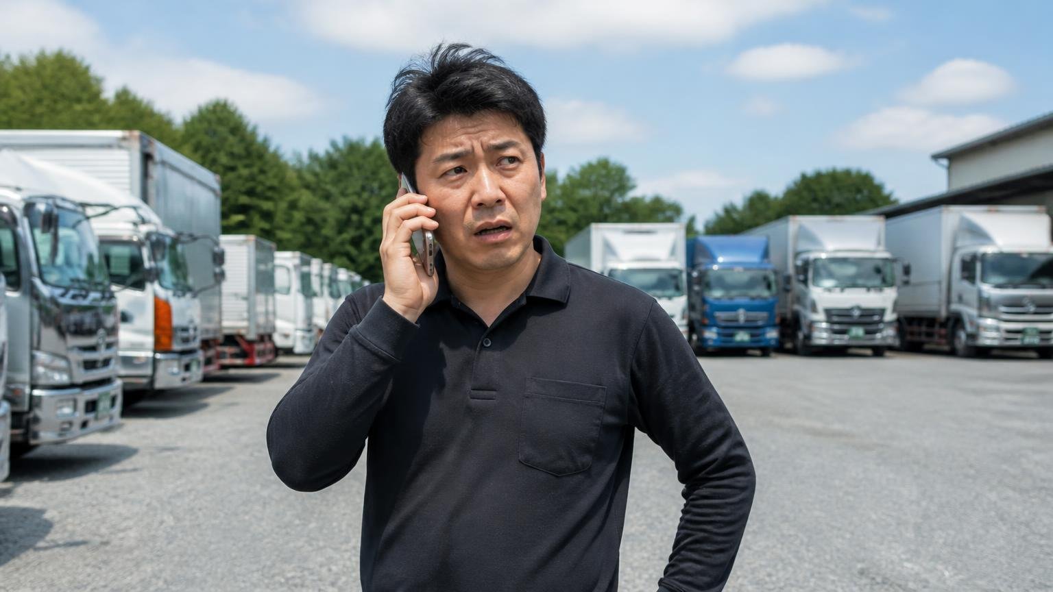 唯一の★1「事務所的なものもなく 電話の対応もなかった」の正体。人気のない屋外のトラック展示場でスマホを耳に当て困った顔で周囲を見回す男性1人