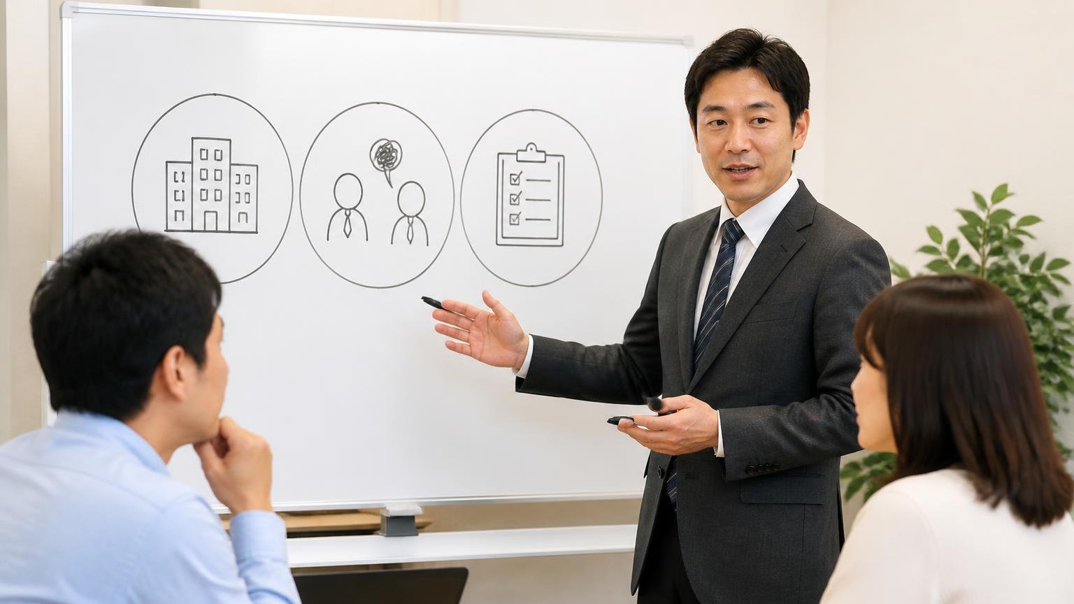 悪い口コミは3つに分けて読む｜会社の体質／担当者・状況の当たり外れ／依頼者側の確認不足 事務所のホワイトボード前で説明する査定士1人と聞く2人