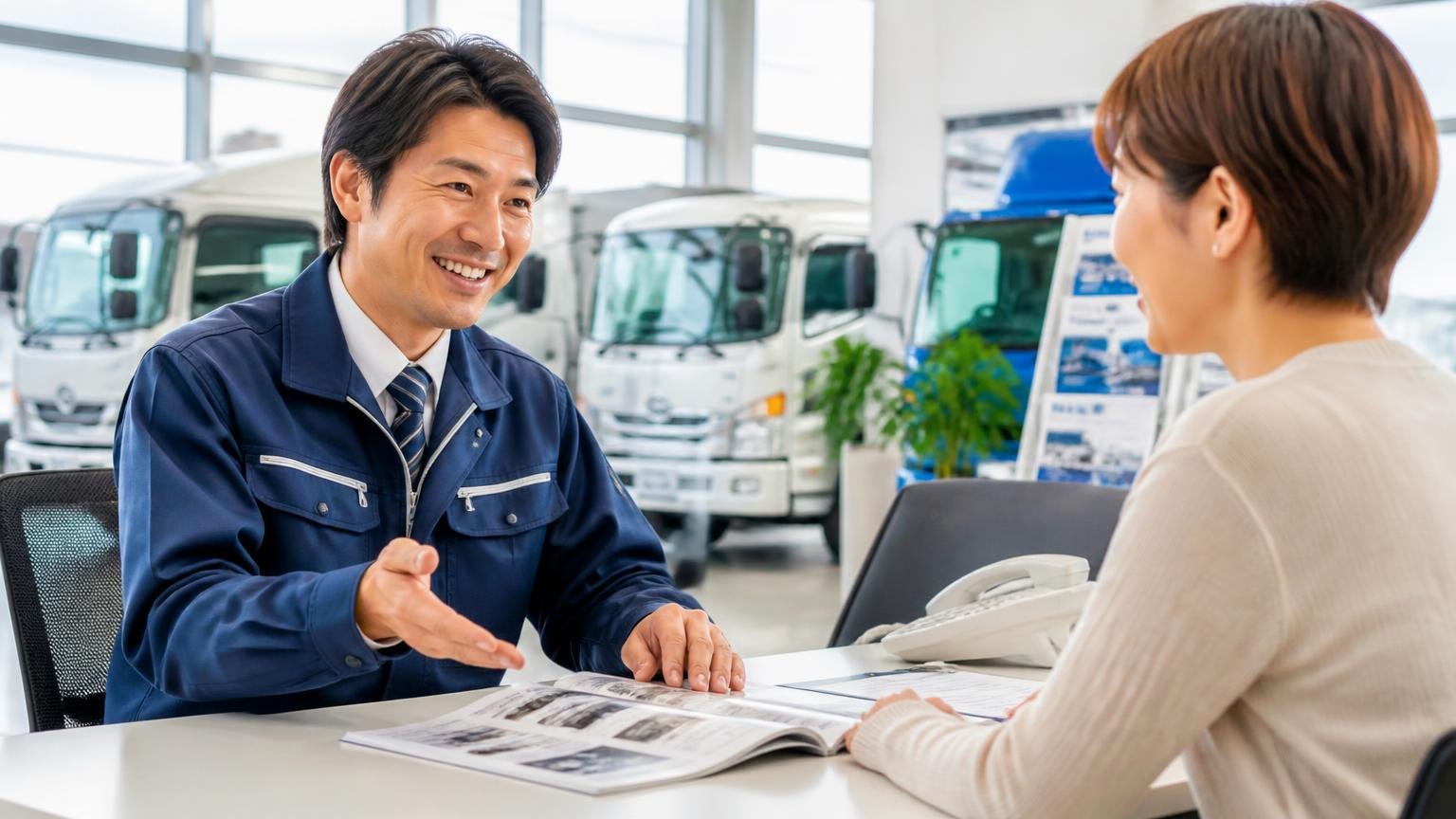 社長も従業員も感じが良く親切丁寧|トラック販売店の受付で笑顔で応対するスタッフの男性1人と客の女性1人