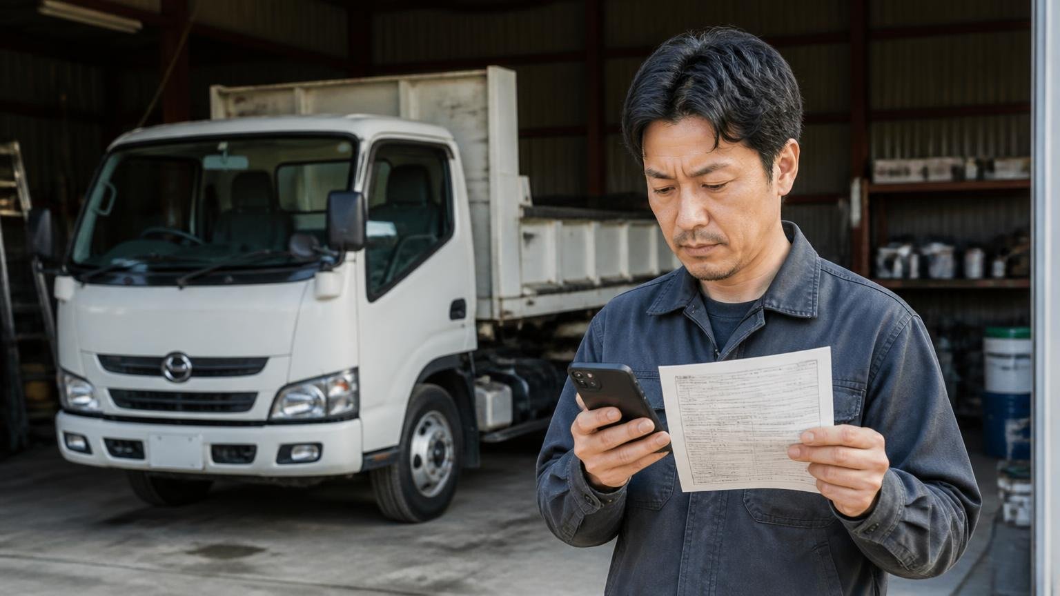 公式の「高価買取」はフォーム入力から｜用意する7つの車両情報。車庫のダンプの前で車検証を手にスマホのフォームに入力する男性1人