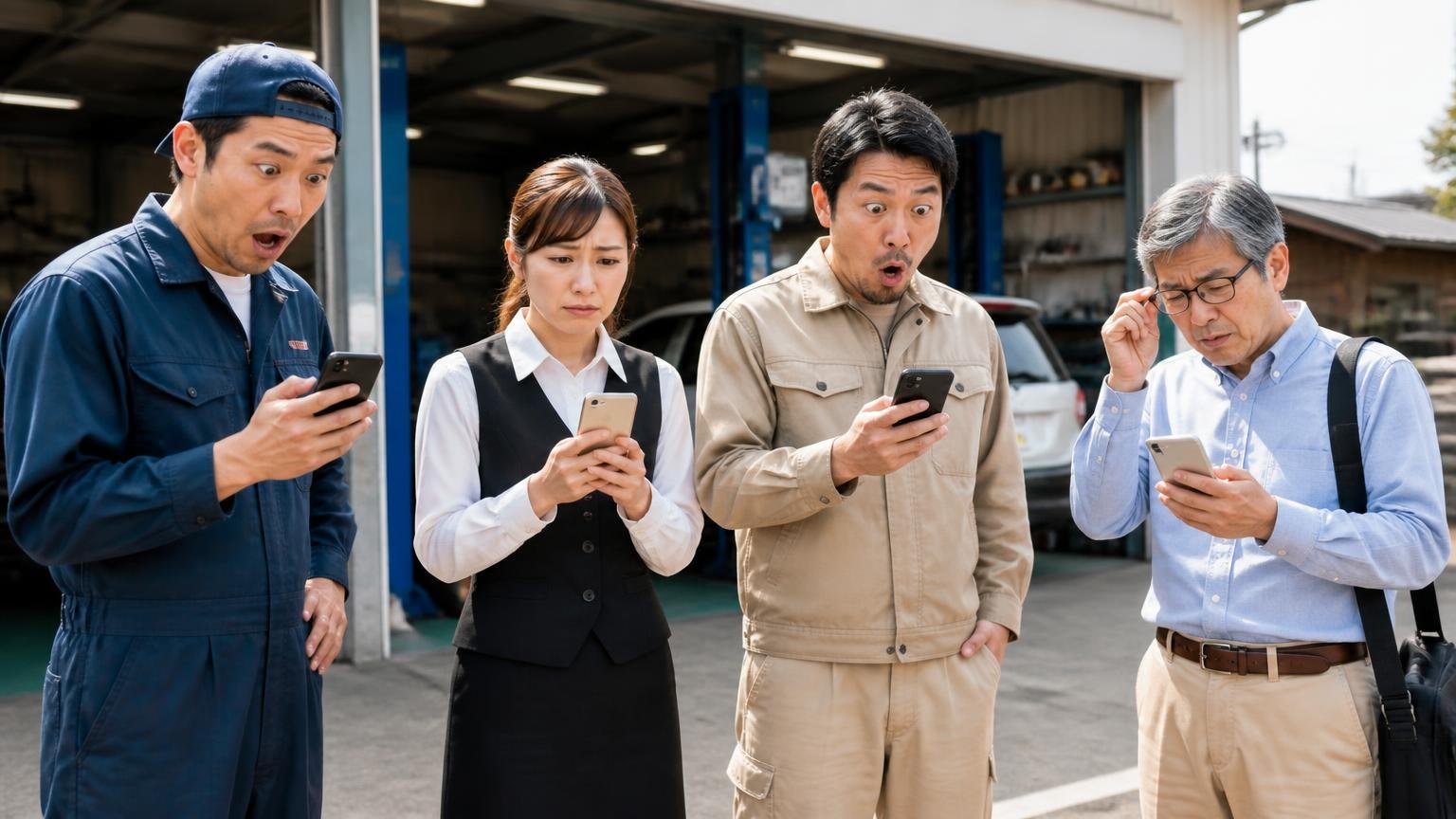 ★には売った人・買った人・働いていた人・通りがかった人の声が混ざる 整備工場の前に集まる運転手・事務員・通行人など4人がそれぞれ違う表情でスマホを見る
