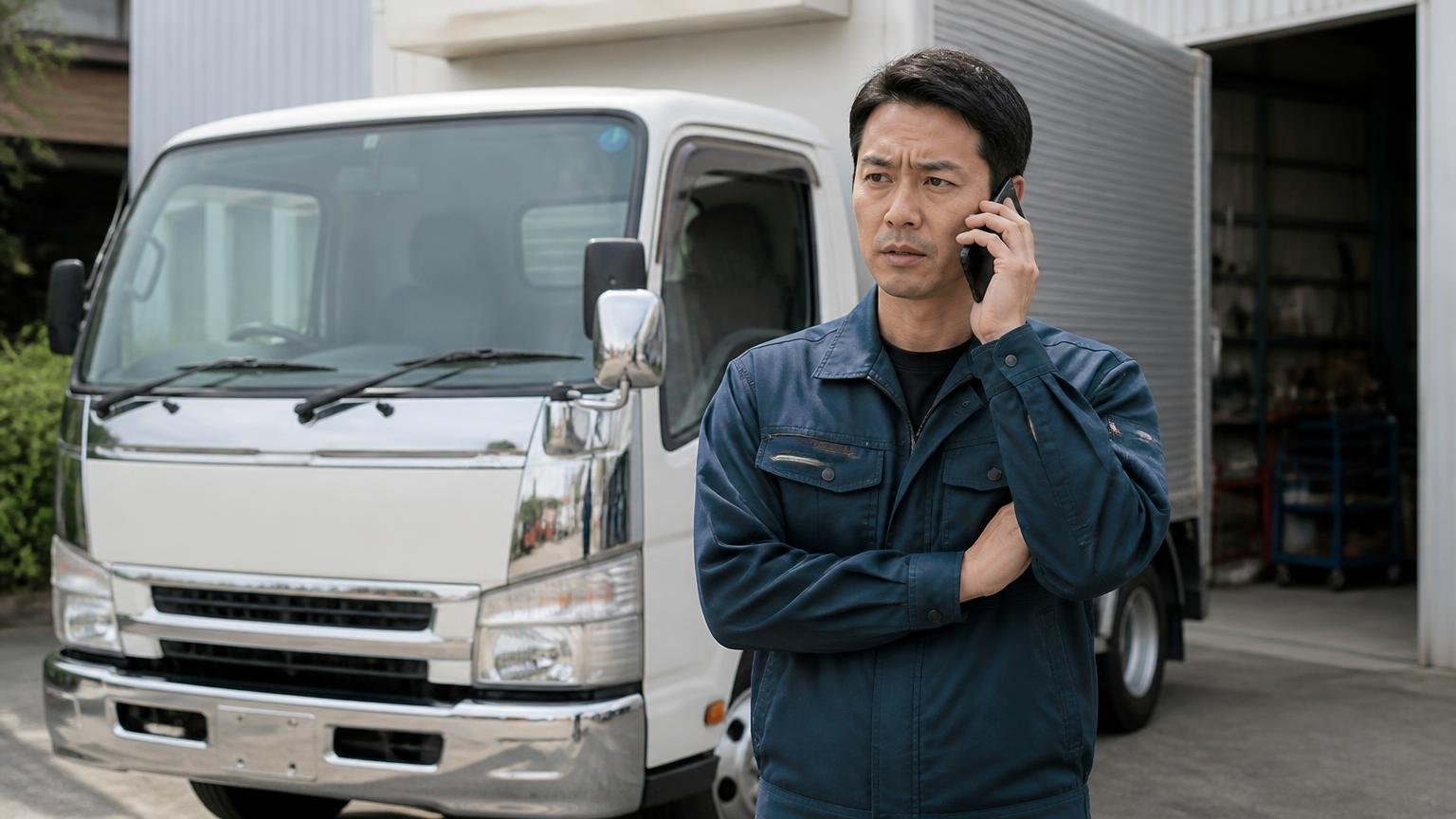 自分の地域まで出張査定に来てくれるか 郊外の車庫で2tトラックの前に立ち電話で相談する男性1人 真剣な表情