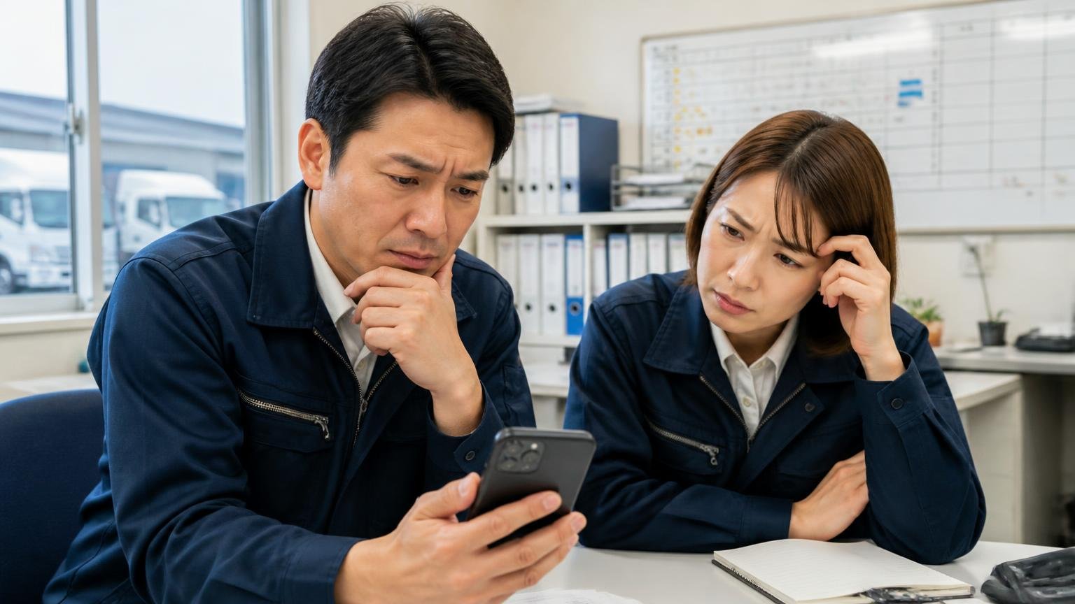 山形県内にトラック専門の買取店は少ない 運送会社の事務所でスマホの店舗検索画面を見て首をかしげる男女2人