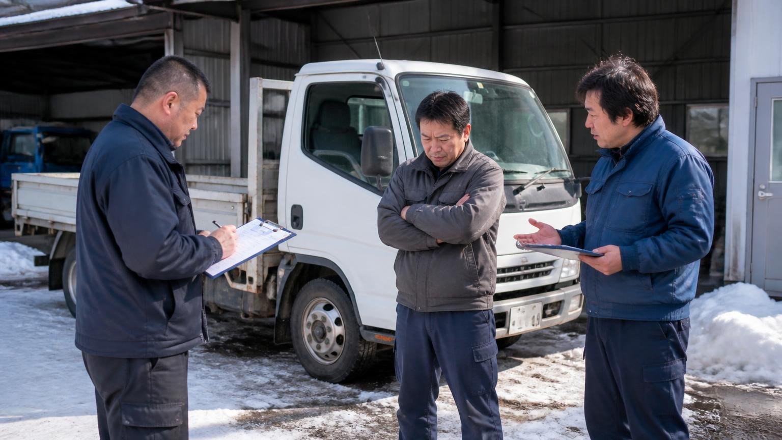 県内の地場業者と、青森まで来る専門業者の違いを知る｜雪の残る車庫で2社の査定員が2t平ボディを見比べ、事業主が腕組みして悩む場面
