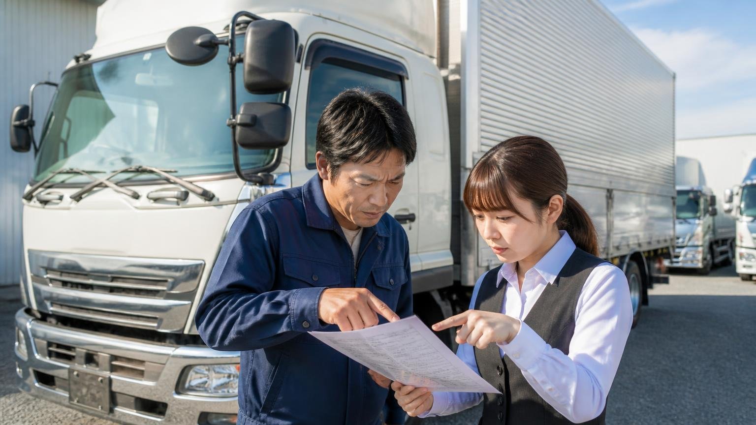 地元業者は現車を見て相談できる|ただし書かれていない項目は1社ずつ違う 展示場の4tウイング前で査定士と女性事務員が車検証を指さし真剣に確認