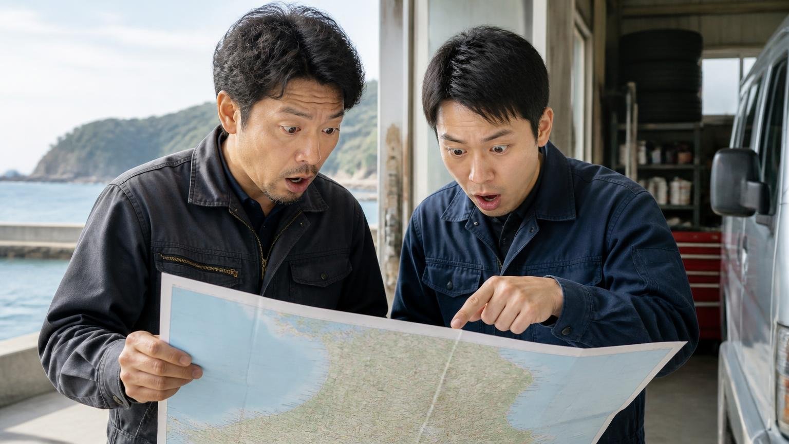 岩手県は首都圏より広い|沿岸部や県北から売るなら最初に出張エリアを確認 海沿いの車庫で地図を広げる男性2人が驚いた表情