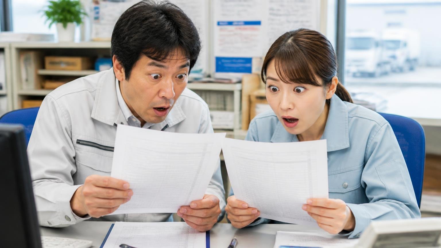 地場の買取業者と全国対応の買取業者は両方から選ぶ、運送会社の事務所で2社の見積書を見比べる40代男性と30代女性が目を見開く