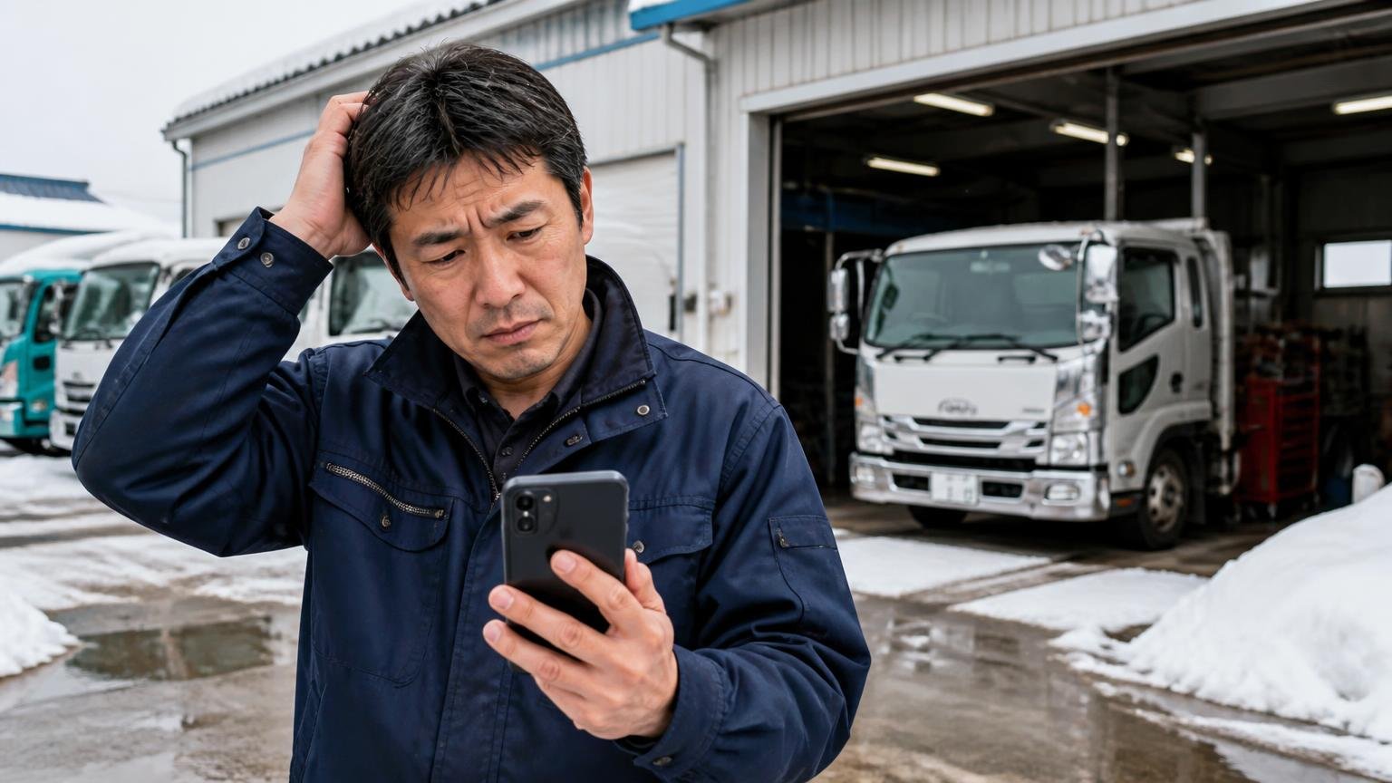 秋田県内にトラック専門の買取業者は多くない|雪の残る営業所の車庫で、スマホの検索結果を見て首をかしげる40代男性の運送業者