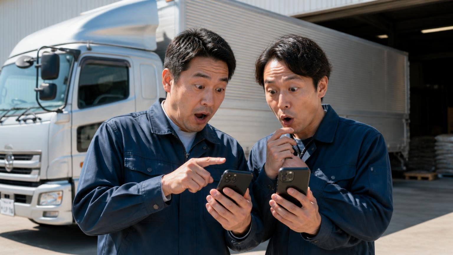 出張査定の範囲と「査定料・出張費・キャンセル料」が0円と書かれているか。車庫の4tウイング前でスマホの業者サイトを見比べ驚く運送会社の2人