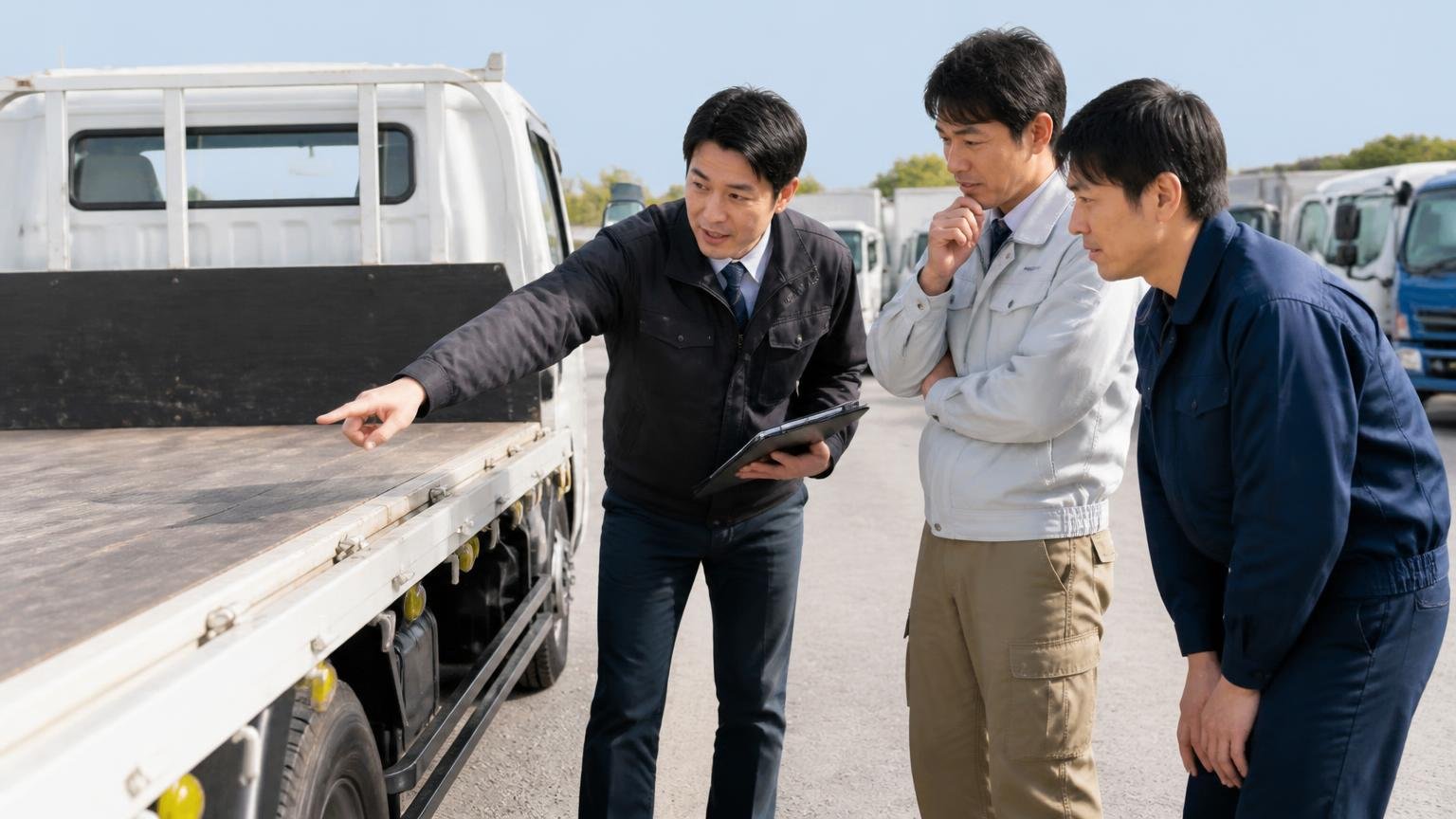 業者の「得意な車種・架装」が自分のトラックと合っているか:屋外の展示場で査定員が平ボディの荷台を指さし、作業着の男性2人が真剣にうなずく