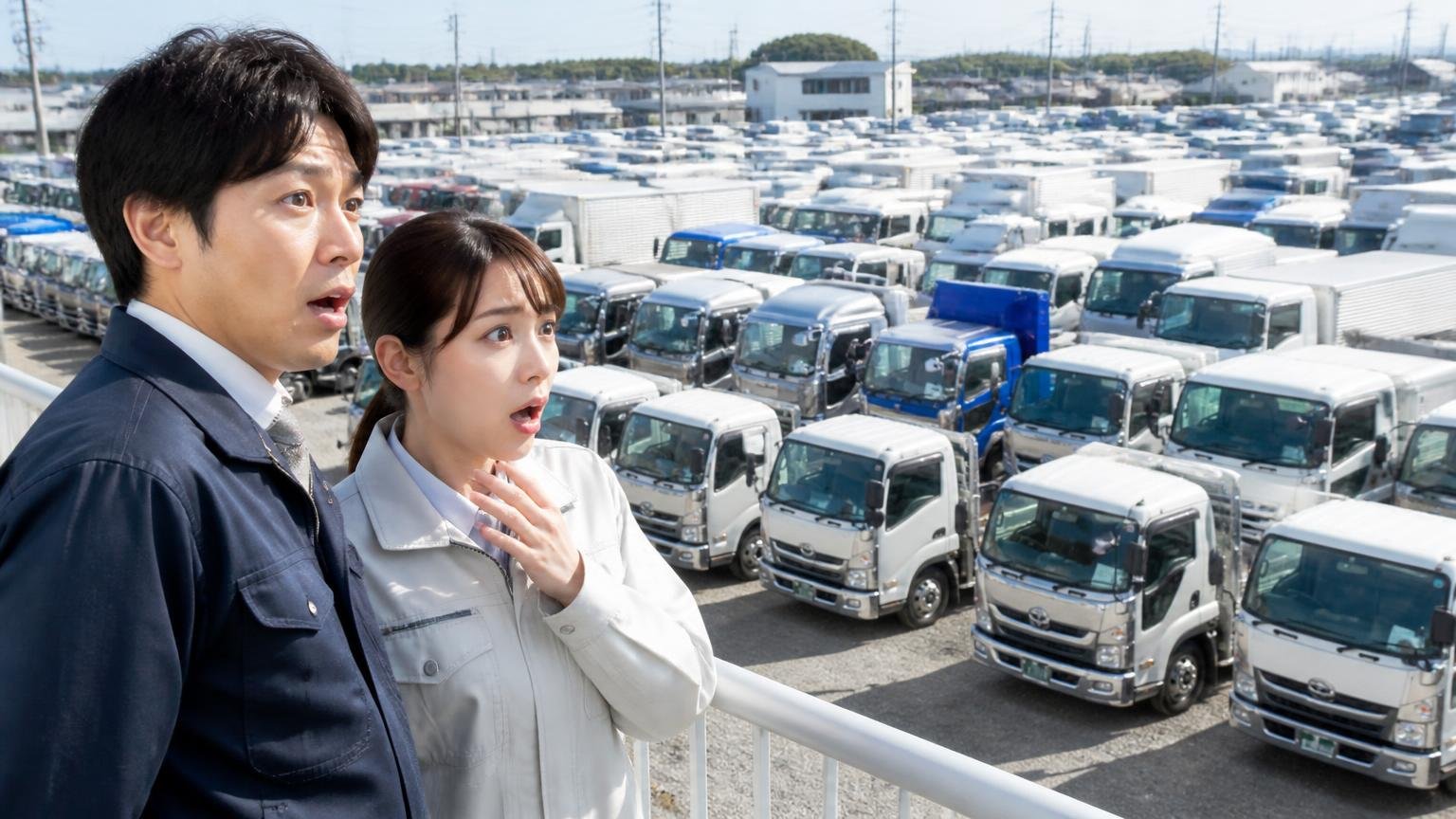 千葉県には約30万台の貨物車があり、地元の買取業者も多い 中古トラックが並ぶ展示場を見渡して驚く運送会社の男女2人