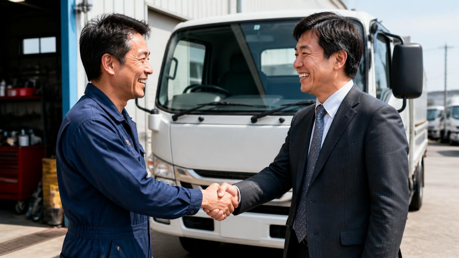 地場のトラック買取業者は「近さ」と「直接の販路」が強み 地元の整備工場前で4tトラックを前に握手して笑う店主と運送会社の社長