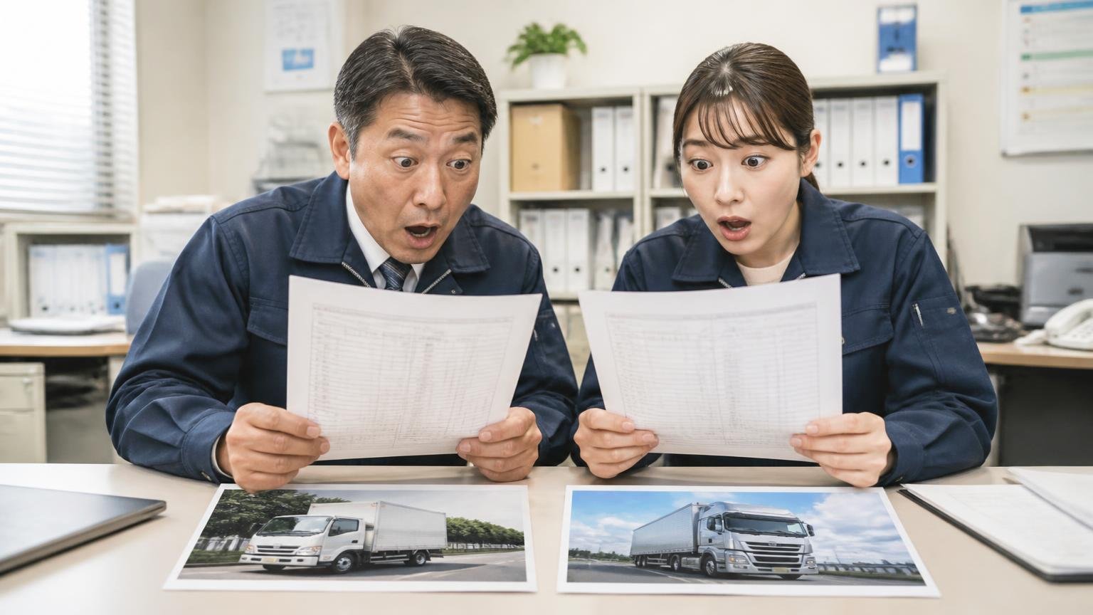 地元の業者と全国対応の業者を1社ずつ並べて比べる、運送会社の事務所で2枚の見積書とトラックの写真を見比べて目を丸くする社長と事務員の2人