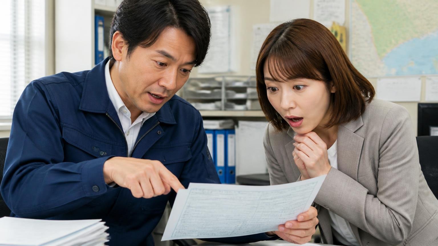 神奈川県は国の「NOx・PM法」の対策地域が県内の大半、運送会社の事務所で車検証の備考欄を指さす40代男性と目を丸くする30代女性
