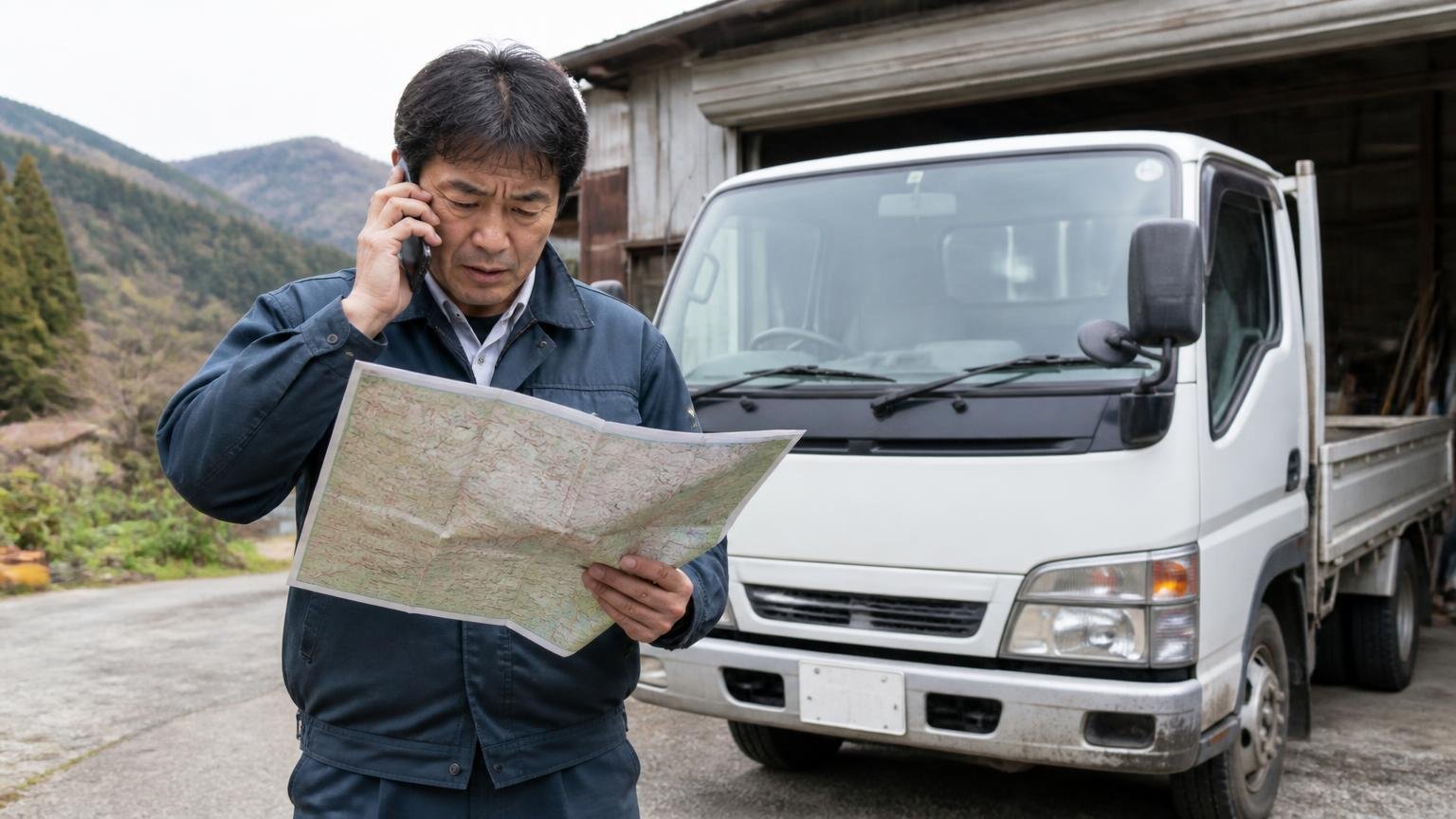 県の南北は約212km｜地元業者でも「出張査定に来てもらえるか」は別問題｜山あいの車庫の2tトラック前で地図を見ながら電話する男性1人