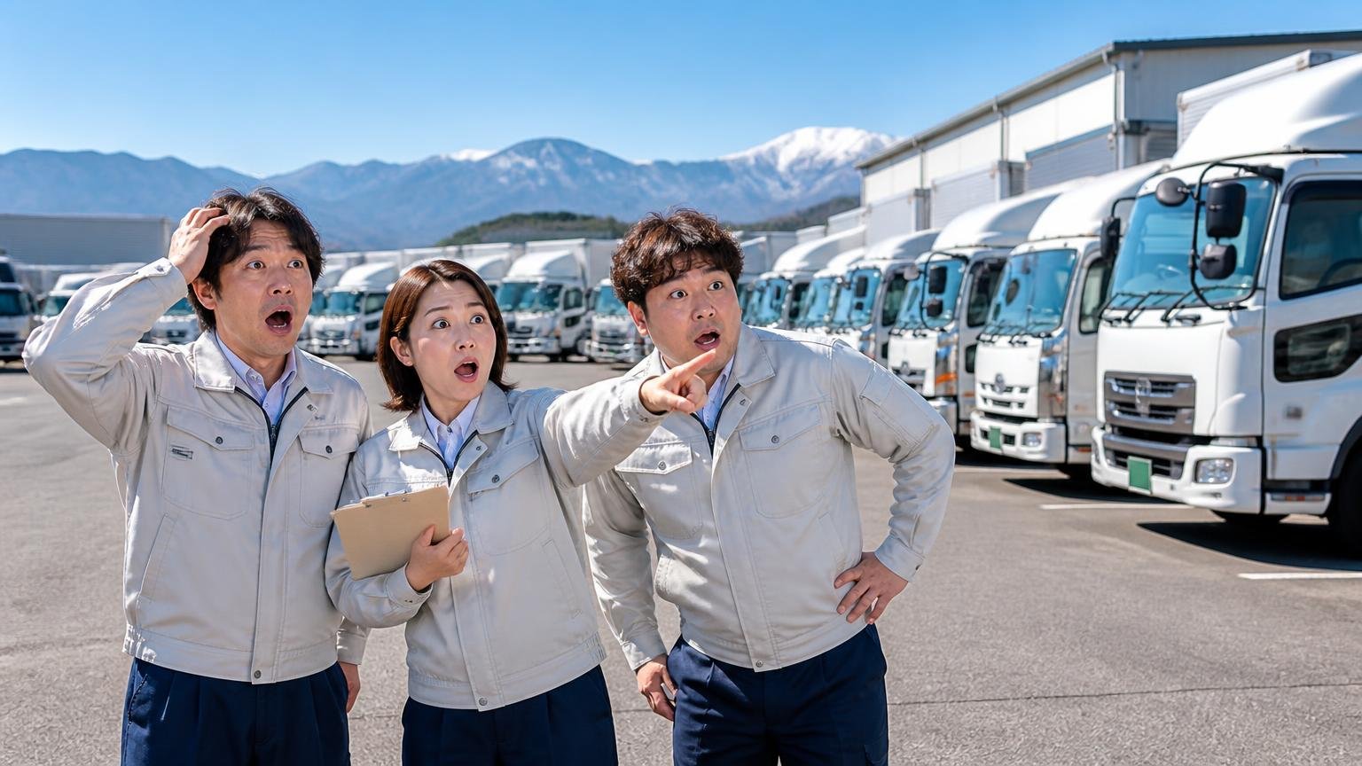 山梨のトラックは甲府・南アルプス・笛吹に多い、甲府盆地の運送会社の車庫に並ぶトラックを前に台数を数えて驚く作業着の男女3人