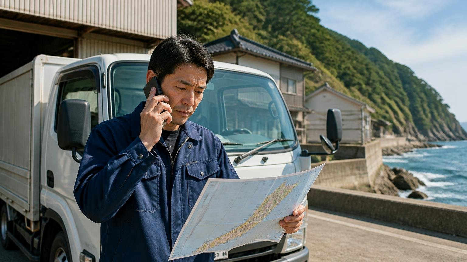 県の南北は198.4km|地元3店はすべて加賀地方にある|能登の海沿いの車庫で2tトラックの前に立ち地図を見ながら電話する男性1人
