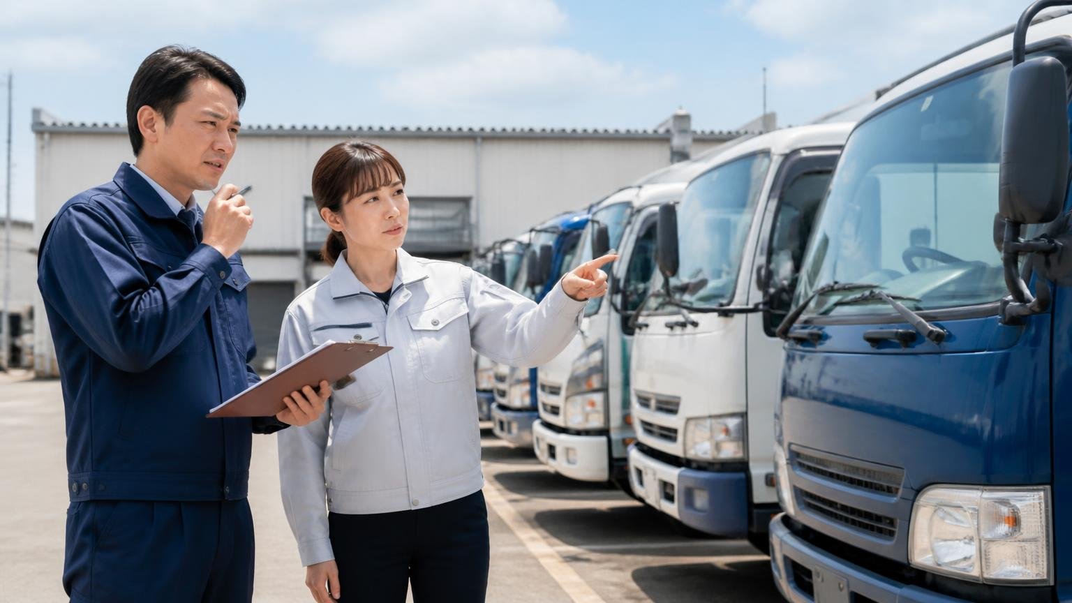 福井県の貨物車は約12.3万台、それでも買取を相談できる地元業者は少ない 営業所の車庫に並ぶトラックの前で台数を数える運送会社の男女2人