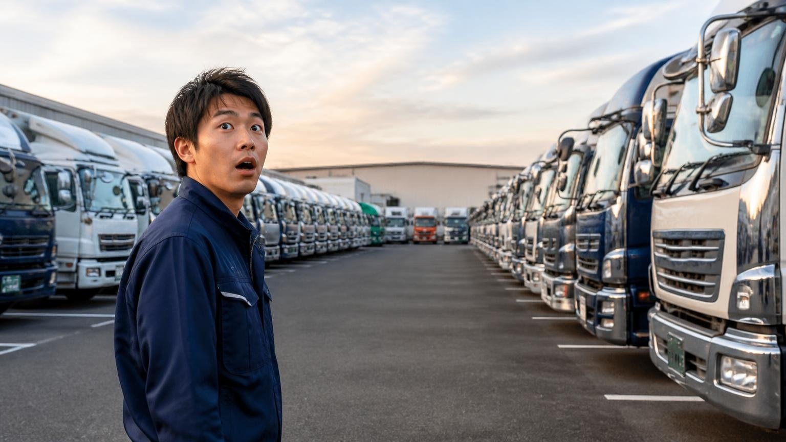 愛知県は貨物車の台数が全国でいちばん多い県 夕方の運送会社の車庫にずらりと並んだトラックを見渡して驚く若いドライバー