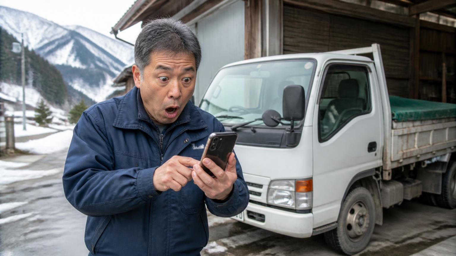 美濃と飛騨では「近い業者」の距離感がまったく違う(雪の残る山あいの車庫で2tトラックの前に立ち地図アプリを見て目を丸くする50代男性1人)