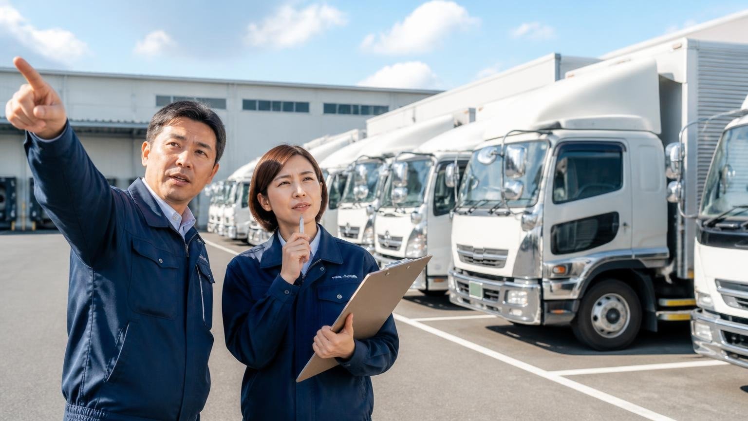 滋賀県の普通貨物車は約2.9万台|物流センターの駐車場に並ぶ4tウイングトラックの前で台数を数える運行管理者2人