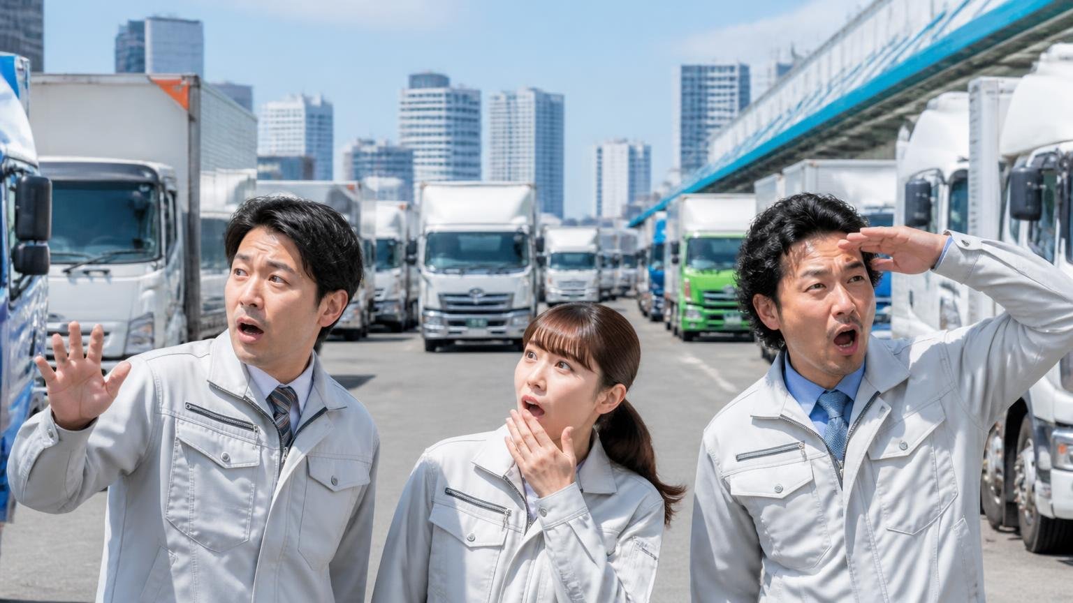 大阪は近畿で一番トラックが多い、湾岸の倉庫街に並ぶトラックの前で作業着の男女3人が驚いて見渡す