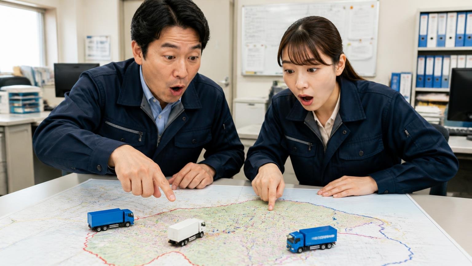 「京都に店舗がある業者」と「京都へ出張に来る業者」を分けて考える、運送会社の事務所で地図を広げる男女2人が驚く表情