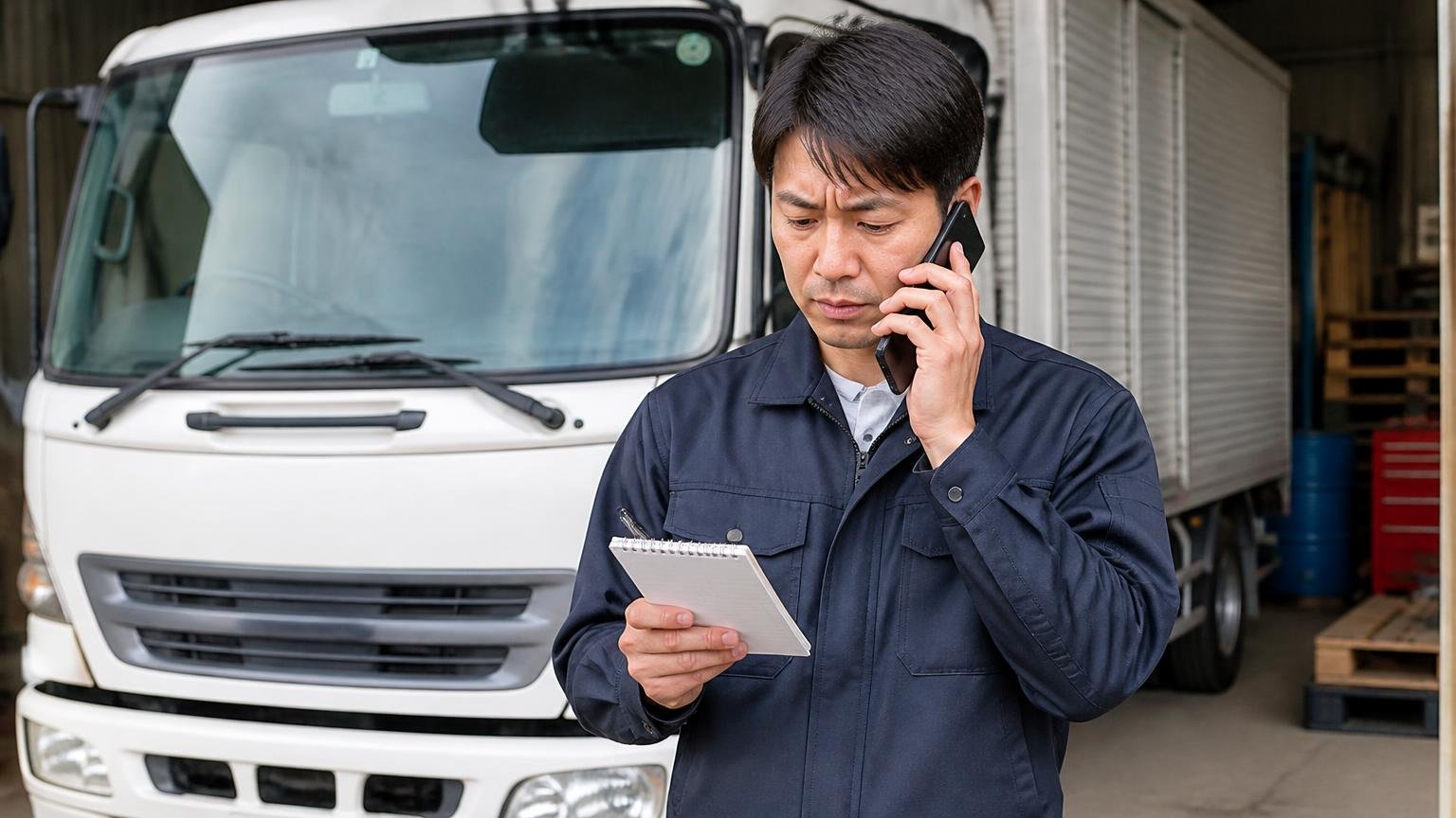 電話で条件を確認する場面。車庫に停まったトラックの前でスマホを耳に当てた男性1人がメモを取りながら話す