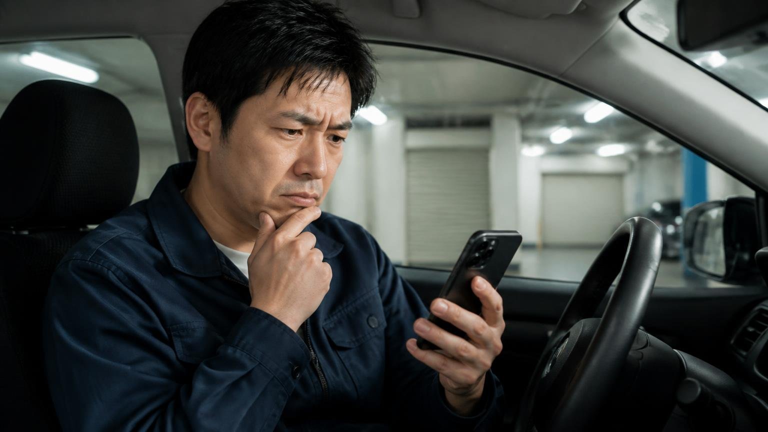 口コミサイト3か所を調査。夜の車庫の運転席でスマホの検索結果をスクロールする男性が眉をひそめる