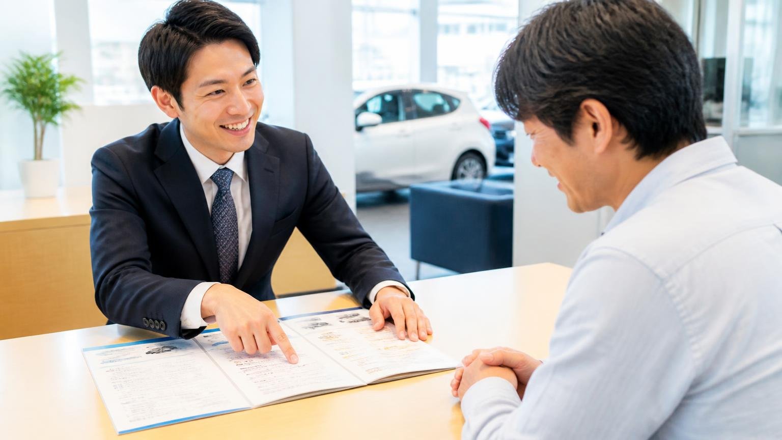 「説明が分かりやすい」書類と納車の流れを一つずつ説明してくれる 店内カウンターで書類を指差しながら説明する男性と聞く男性の2人が笑顔