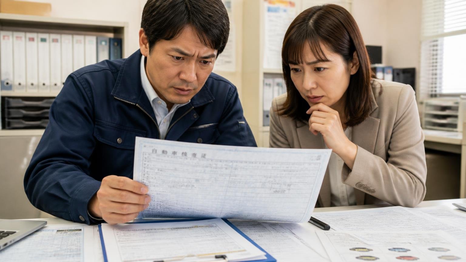 実在と継続性は口コミではなく公開情報で確認できる 事務所の机で車検証と資料を広げて確認する場面 男女2人 真剣な表情