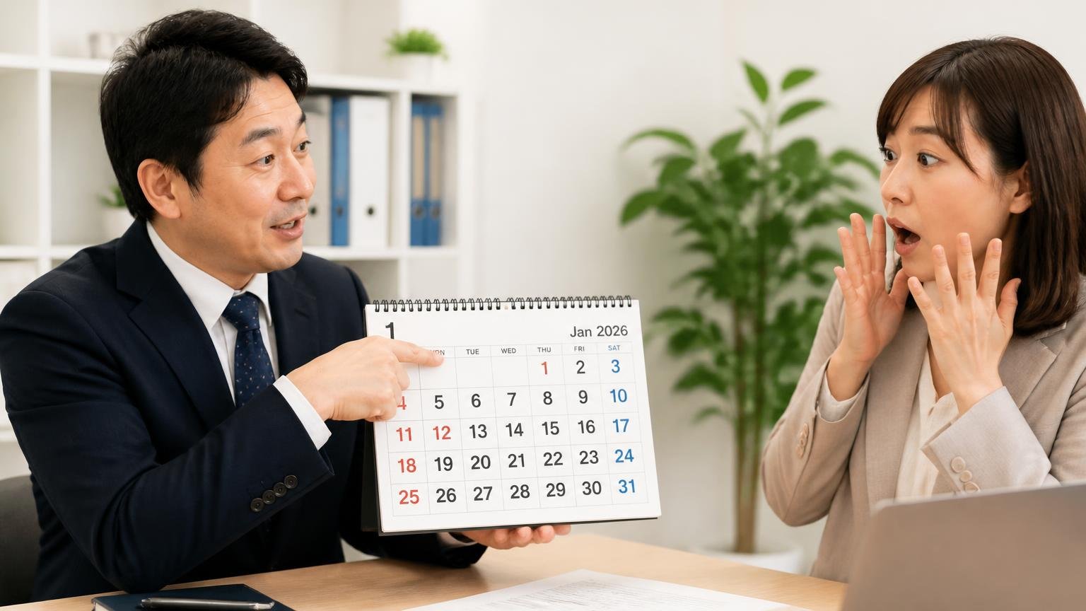 2026年1月に始まったばかり。事務所でカレンダーを指さし説明する男性1人と驚く表情の女性1人