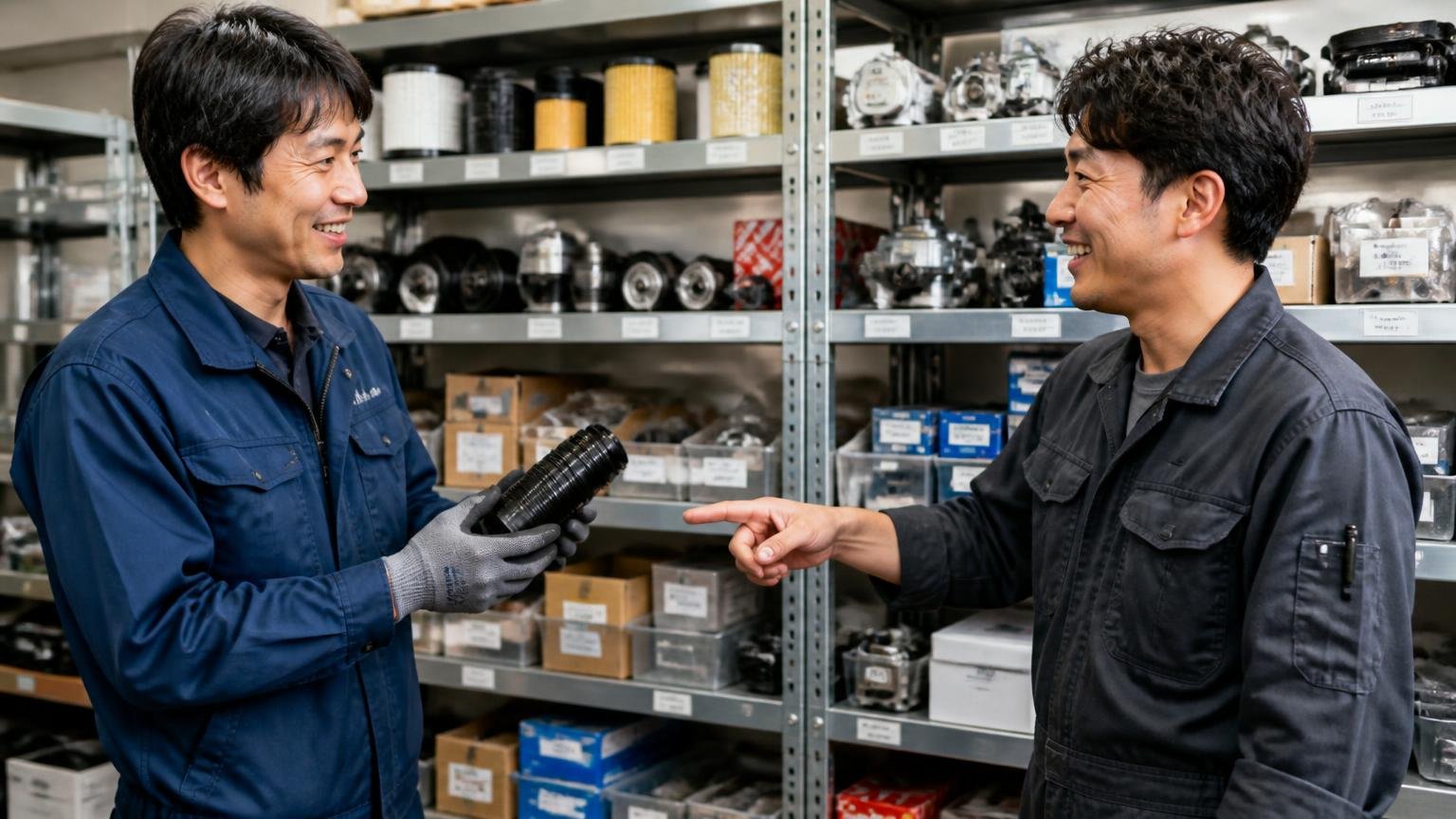 部品を直接探す場面。整備工場の部品棚の前で店員と話す作業着姿の男性2人が笑顔でやり取り