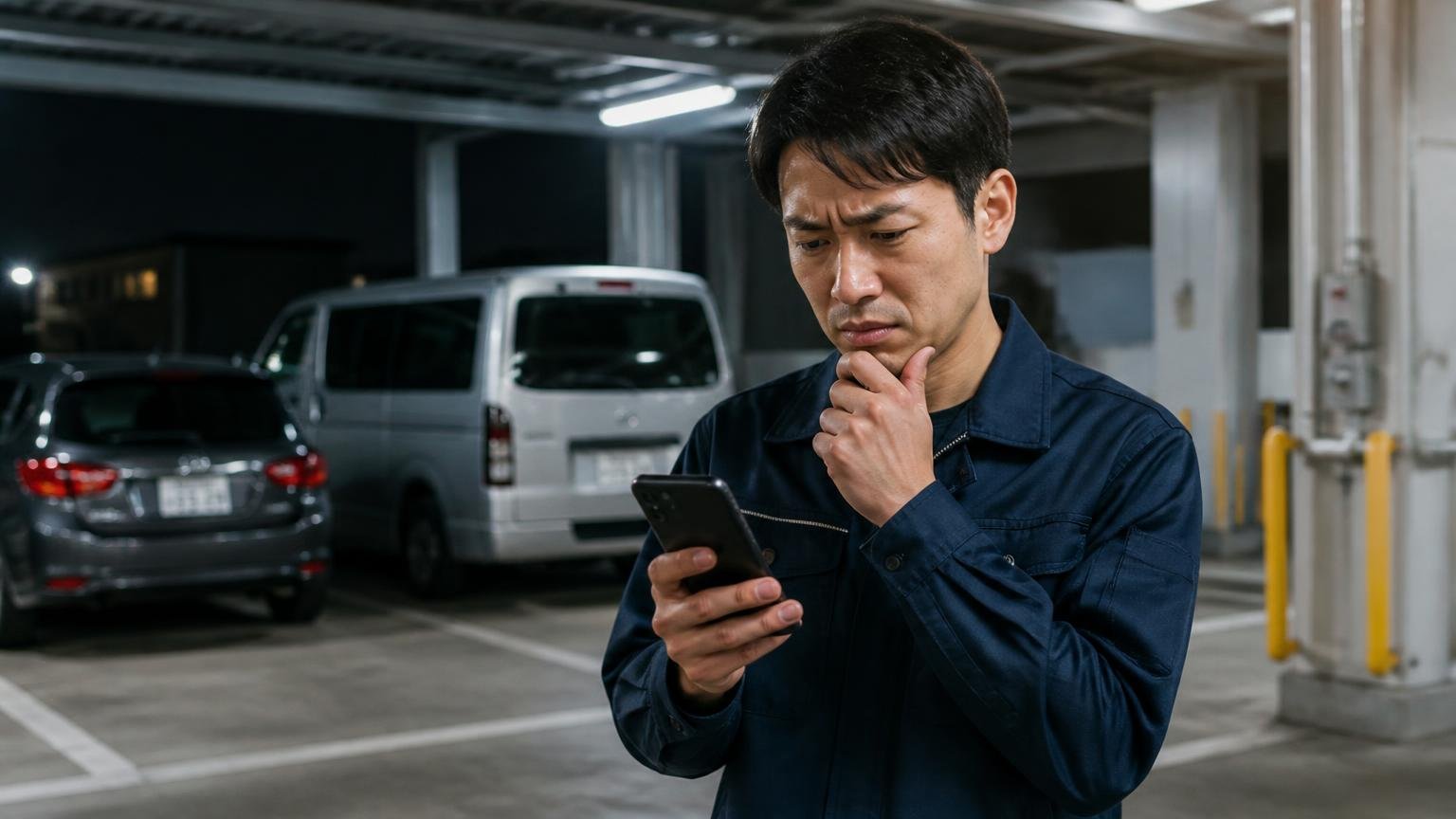 JTPらくだネットの口コミはほとんど見つからなかった|夜の車庫でスマホの検索画面をスクロールする男性1人が眉をひそめる