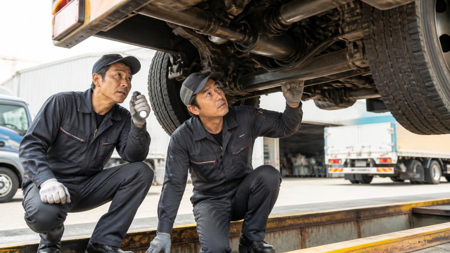 整備・車検への評価が中心。整備工場のピットでトラックの下回りを点検する屋外。整備士2人が真剣な表情で確認