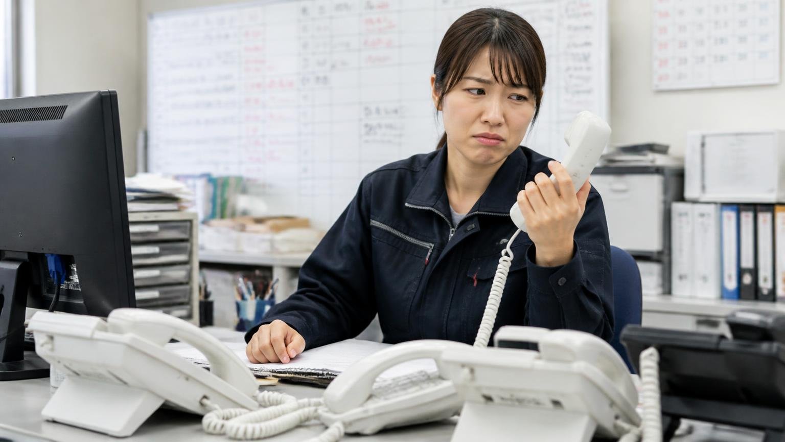 不満の多くは金額ではなく段取りに集中する 運送会社の事務所で鳴り続ける電話を前にうんざりした表情で受話器を見る女性1人