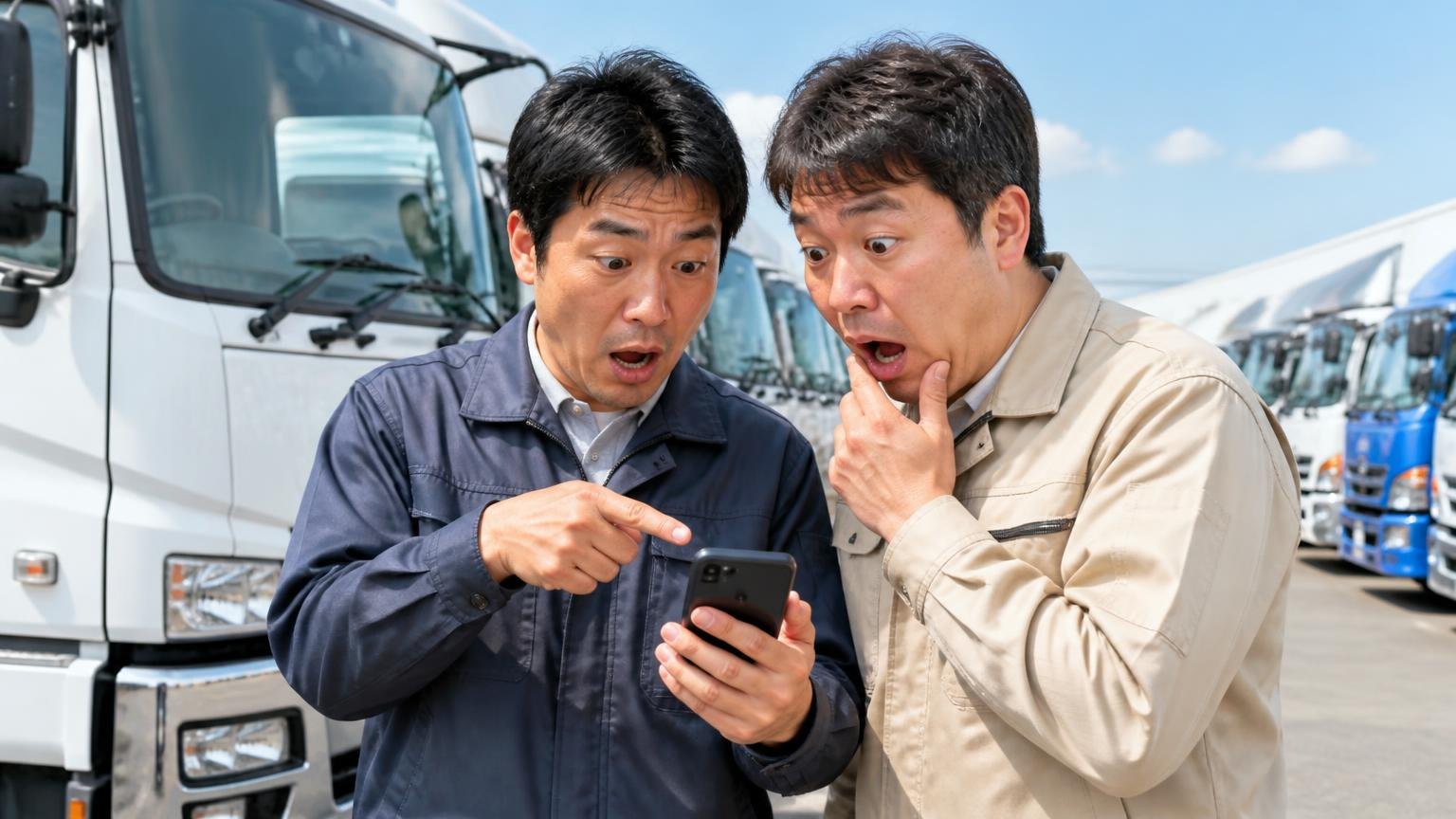 価格交渉がいらないほど安いという声 展示場のトラック前でスマホの価格を見る男性2人 驚く表情