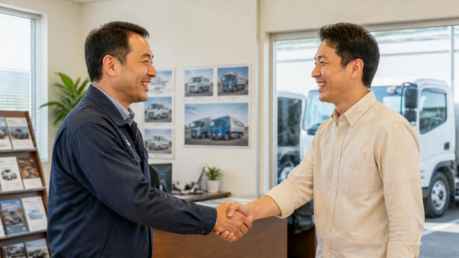 良い口コミ|親切・丁寧な対応と品揃え、代車や遠方対応の融通、トラック販売店の事務所で笑顔で握手する男性2人